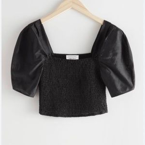 & other stories black smocked puff sleeve top